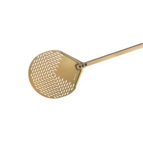 Pizzaspade, GOLD perforeret rund 33 cm skaft 60 cm